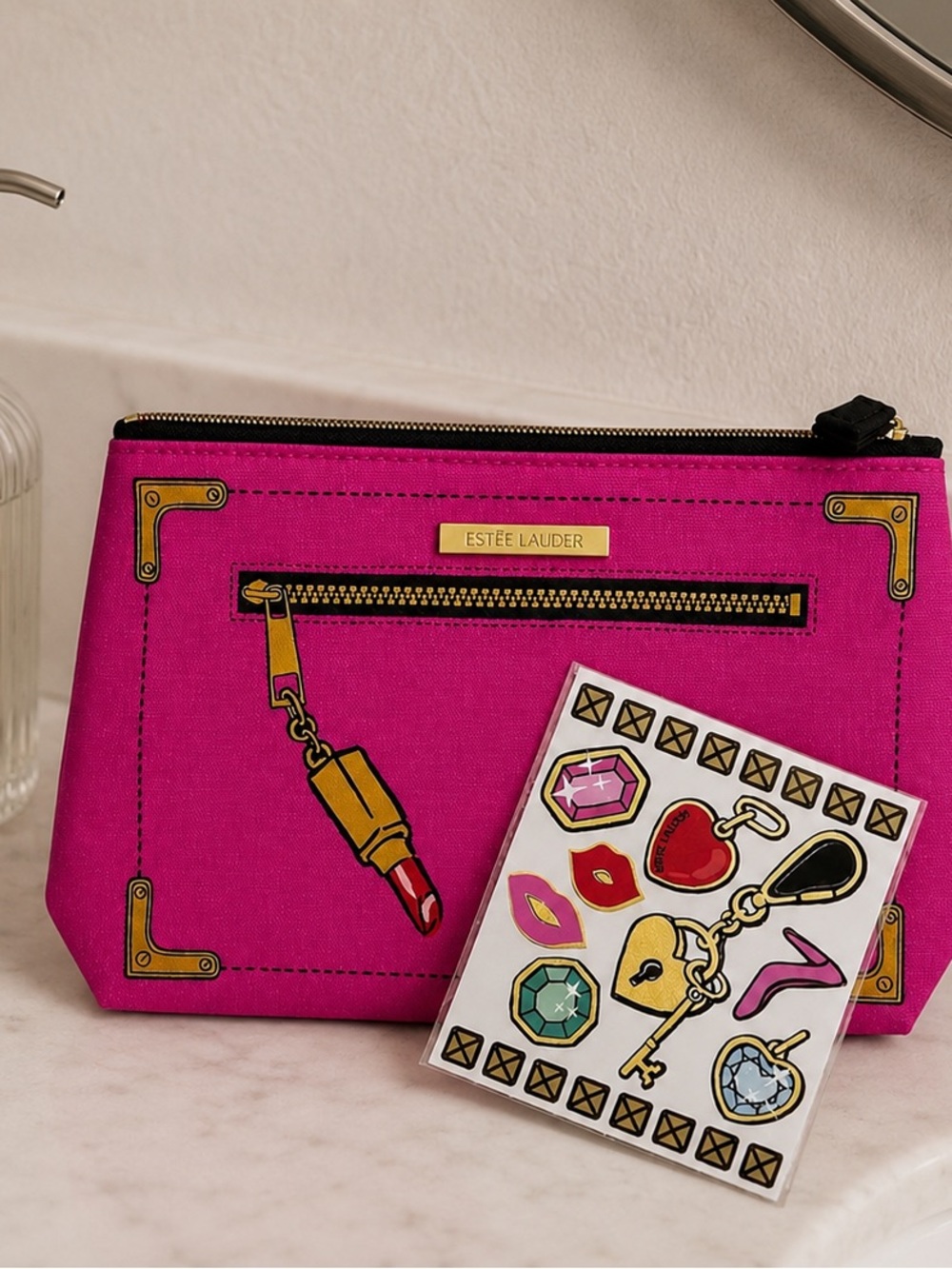 Estee Lauder Hot Pink Cosmetic Pouch & stickers